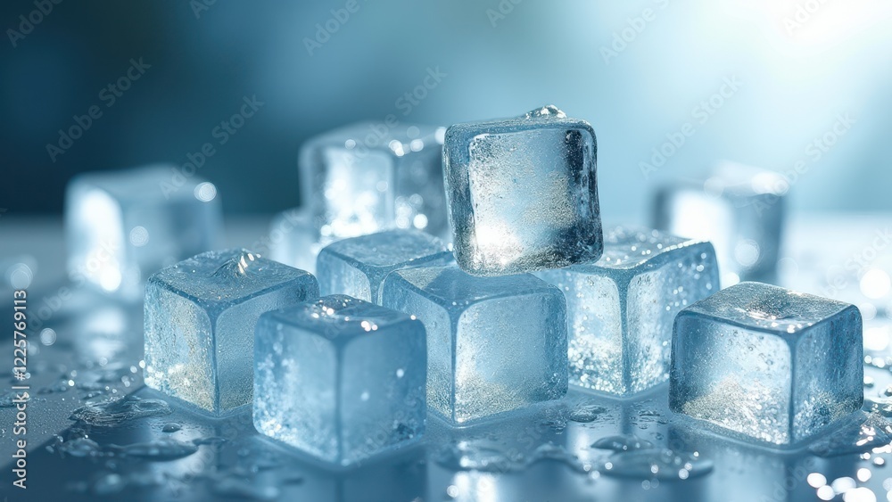 Fresh ice cubes stacked on a reflective surface with frost and water droplets Fresh ice cubes stacked on a reflective surface with frost and water droplets