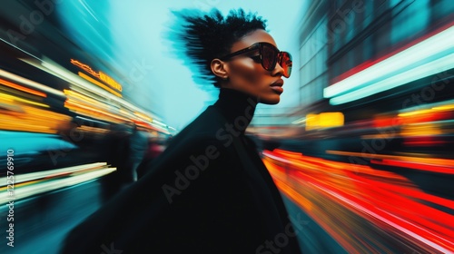 Confident African American Woman in Motion Through Vibrant City Lights Wearing Stylish Sunglasses and Chic Black Fashion Outfit