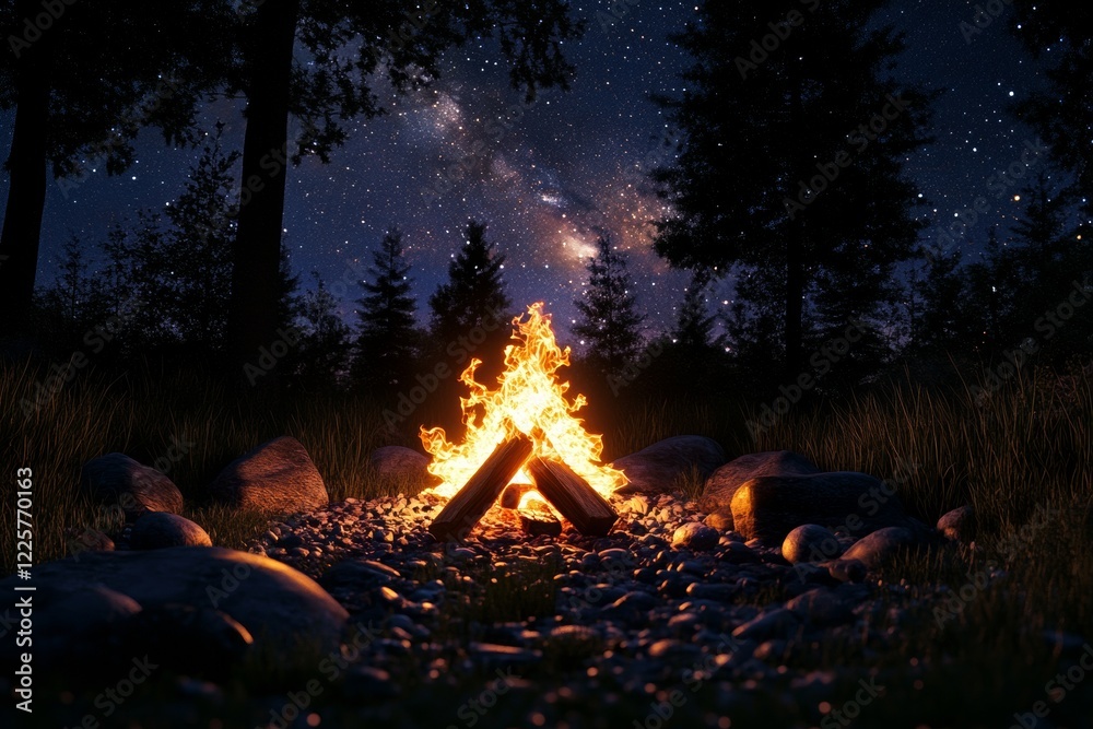 A warm campfire flickers in a serene forest, surrounded by rocks and grass, while a breathtaking starry sky fills the background, creating a peaceful atmosphere A warm campfire flickers in a serene forest, surrounded by rocks and grass, while a breathtaking starry sky fills the background, creating a peaceful atmosphere