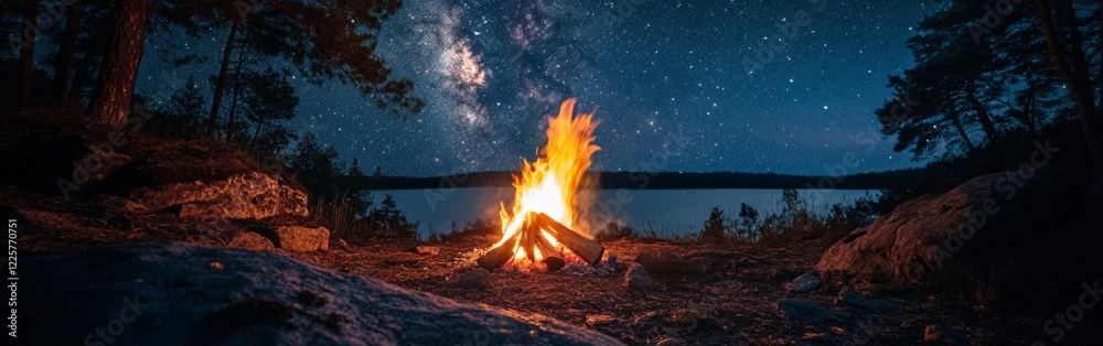 A vibrant campfire crackles and glows amidst towering trees in a peaceful forest, with a clear night sky filled with stars reflecting over a calm lake A vibrant campfire crackles and glows amidst towering trees in a peaceful forest, with a clear night sky filled with stars reflecting over a calm lake