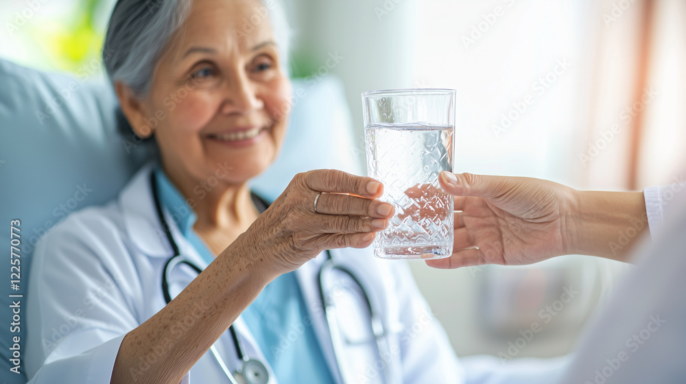 Cheerful Doctor Provides Water to Senior Woman in Hospital Room Cheerful Doctor Provides Water to Senior Woman in Hospital Room
