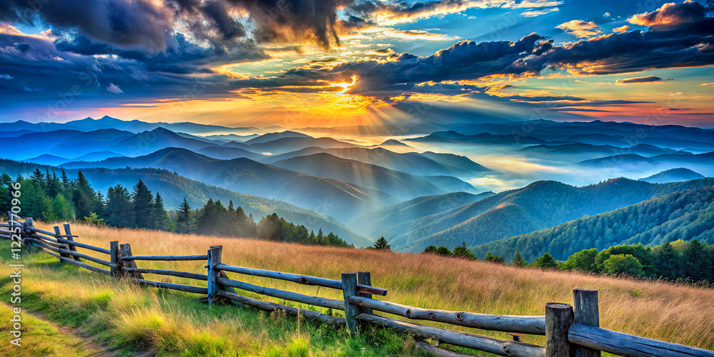 Fototapeta premium Golden sunrise illuminates the valleys and peaks of the Appalachian Mountains, casting rays through scattered clouds and highlighting a wooden fence in the foreground