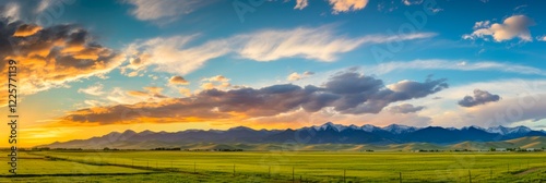 Montana Landscape Panorama at Sunset - Gallatin Valley and Spanish Peaks in Rocky Mountains with Farmland Fields Patchwork, Bozeman and Big Sky on Horizon photo