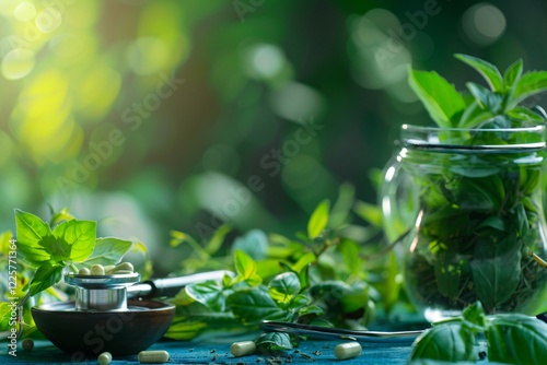Stethoscope and white pills with fresh herbs and supplements arranged on a table with a blurred green backdrop