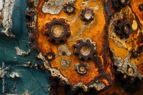 Close-up of heavily rusted gears, showing texture and decay of metal over time.