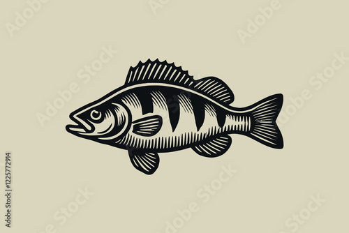Vintage-style black flat engraving of a perch fish, simple and classic