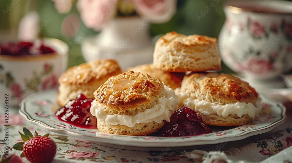 Homemade biscuits with berry jam, rustic breakfast setup, flaky golden pastries with fresh fruit topping, traditional comfort food, sweet baked treats on plate, close-up of delicious snacks


