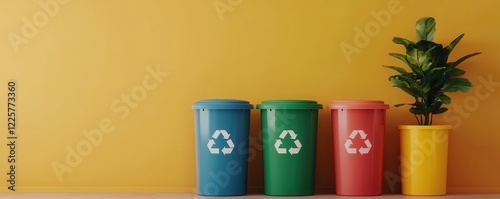 Wallpaper Mural Global recycling day with sustainability and resources idea. Colorful recycling bins beside a potted plant on a yellow wall. Torontodigital.ca