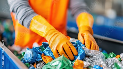 Global recycling day with sustainability and resources idea. Worker sorting recyclables in a waste management facility.