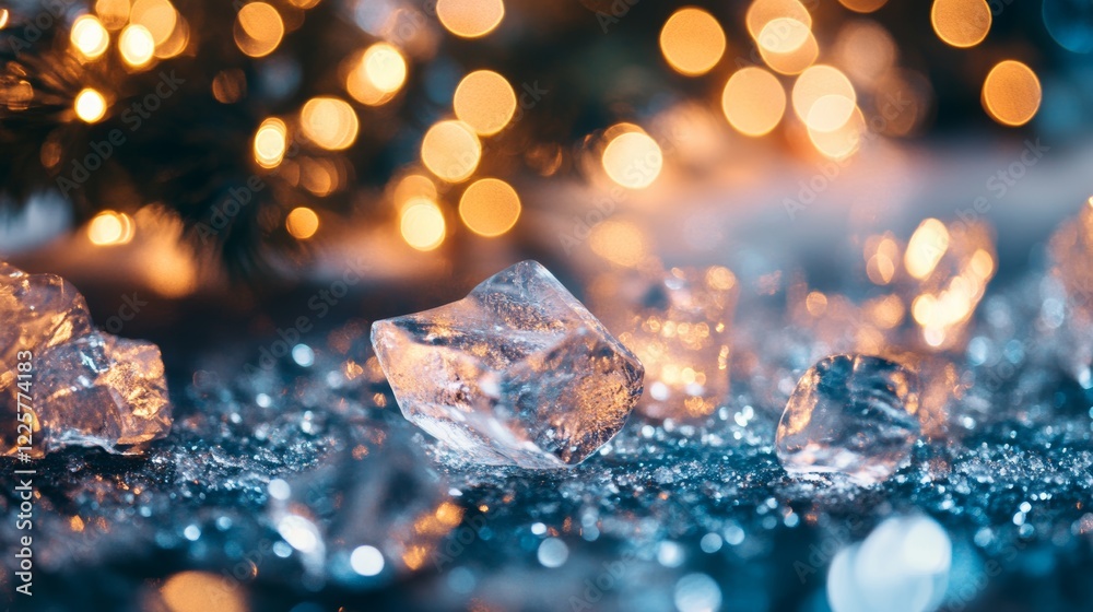 Close up of glimmering ice crystals on a radiant blue surface with softly blurred lights Close up of glimmering ice crystals on a radiant blue surface with softly blurred lights