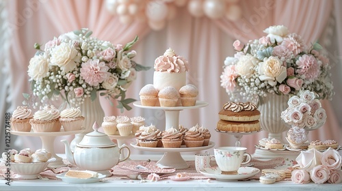 Elegant pastel dessert table with floral accents, macarons and cupcakes, vintage-inspired cakes, romantic decorations with roses, luxurious celebration setup, wedding dessert arrangement

 photo