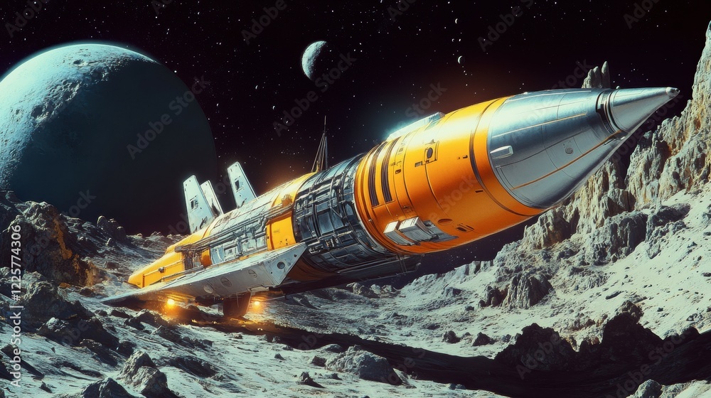 Obraz premium A futuristic cargo spaceship unloading supplies at a lunar colony