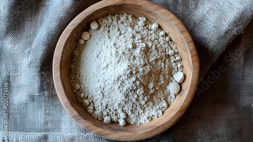 Organic Gray Clay Powder in Wooden Bowl, Natural Texture, Healthy Ingredient photo