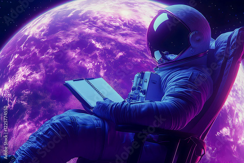 astronaut in space costume with laptop sitting on the moon