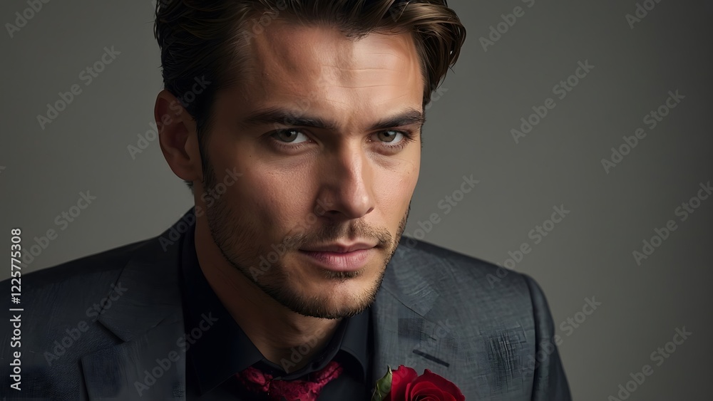 portrait photograph of a handsome man in a sharp, well-fitted suit with a single red rose flower boutonniere on his lapel portrait photograph of a handsome man in a sharp, well-fitted suit with a single red rose flower boutonniere on his lapel