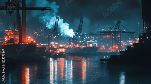 Industrial nighttime harbor scene port city photography urban close-up maritime economy. Dream Haven. Illustration