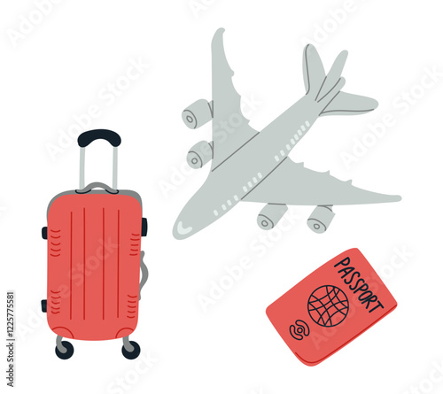 Minimalistic travel illustration with a suitcase, airplane, and passport in soft gray and red tones, symbolizing adventure, exploration, and travel essentials for a journey