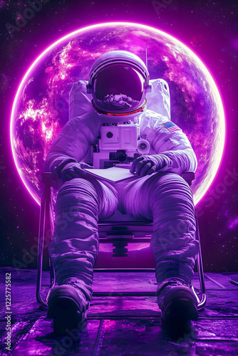 astronaut in space costume with laptop sitting on the moon
