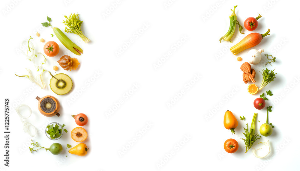 Fototapeta premium Healthy clean eating layout, vegetarian food and diet nutrition concept. Various fresh vegetables ingredients for salad on white table background, top view, frame, banner