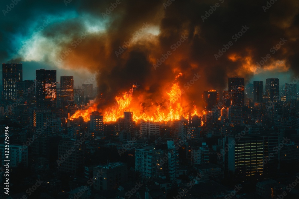 Obraz premium A fierce blaze engulfs buildings in an urban setting during the night, casting a haunting glow of orange flames against the dark city skyline. Smoke billows ominously overhead
