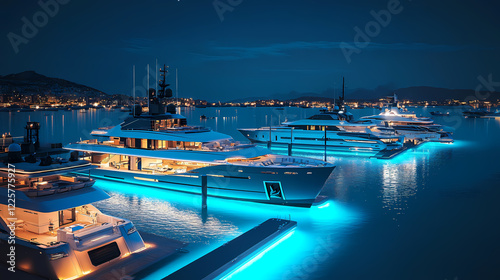 Luxury yachts docked in a marina at night, glowing with blue light. Dream Haven. Illustration