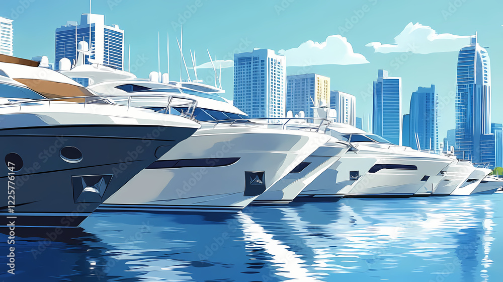 Fototapeta premium Row of white luxury yachts docked in a marina with a city skyline in the background. Dream Haven. Illustration