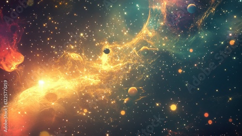 A futuristic spaceship fueled by dark matter, cruising through a cluster of distant stars