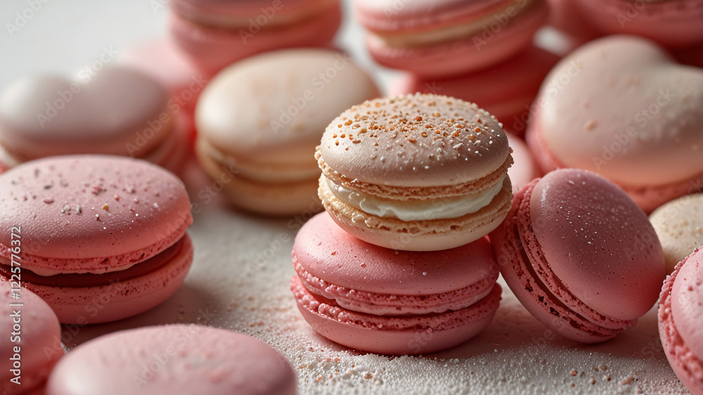 pink macaroons on a white background. Background for confectionery. French dessert pink macaroons on a white background. Background for confectionery. French dessert