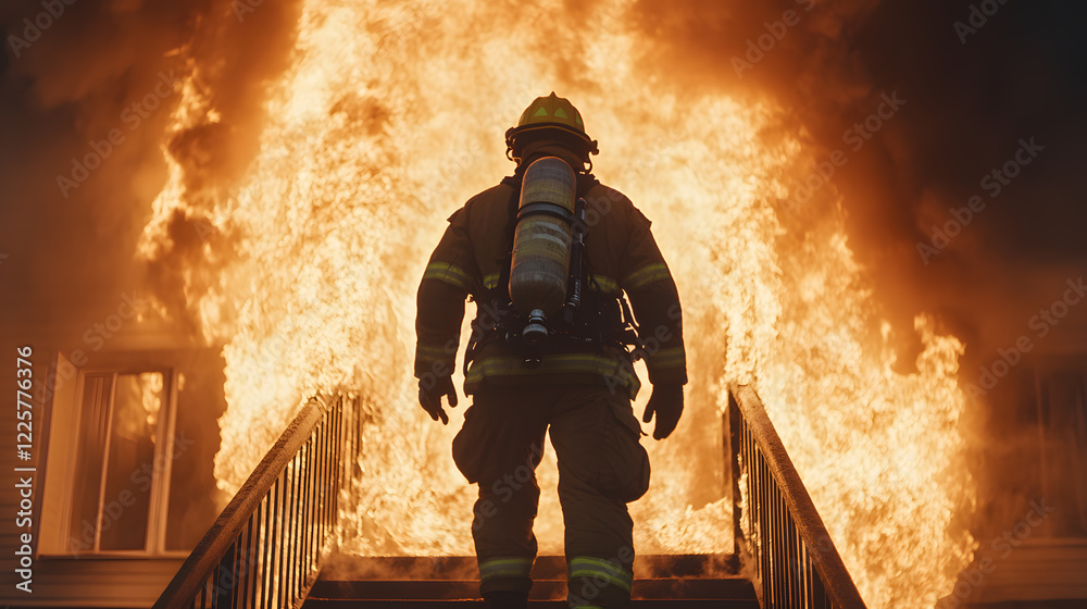 Fototapeta premium A firefighter bravely confronts a raging inferno engulfing a building, their silhouette stark against the intense flames. The scene is filled with smoke and fire, highlighting the danger and courage 