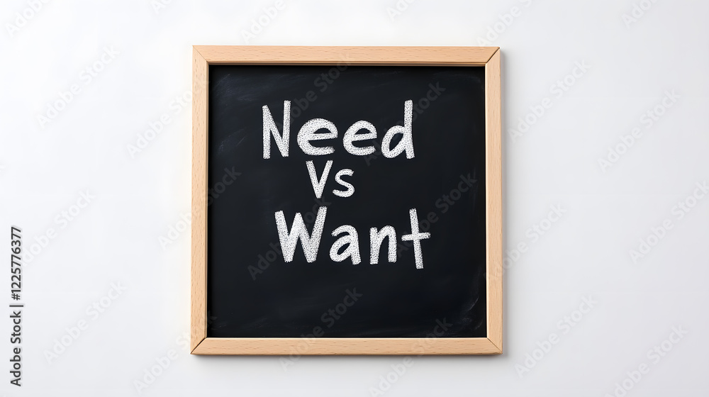 Fototapeta premium A small chalkboard displays the words 'Need vs Want', prompting reflection on consumer choices and prioritization.