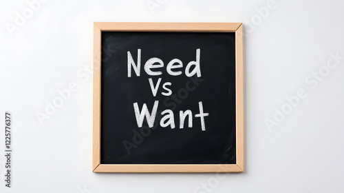 A small chalkboard displays the words 'Need vs Want', prompting reflection on consumer choices and prioritization.