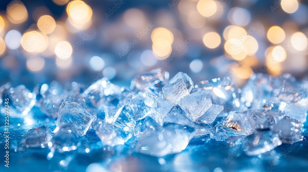Close up of glittering ice crystals on a radiant blue surface with softly blurred lights Close up of glittering ice crystals on a radiant blue surface with softly blurred lights