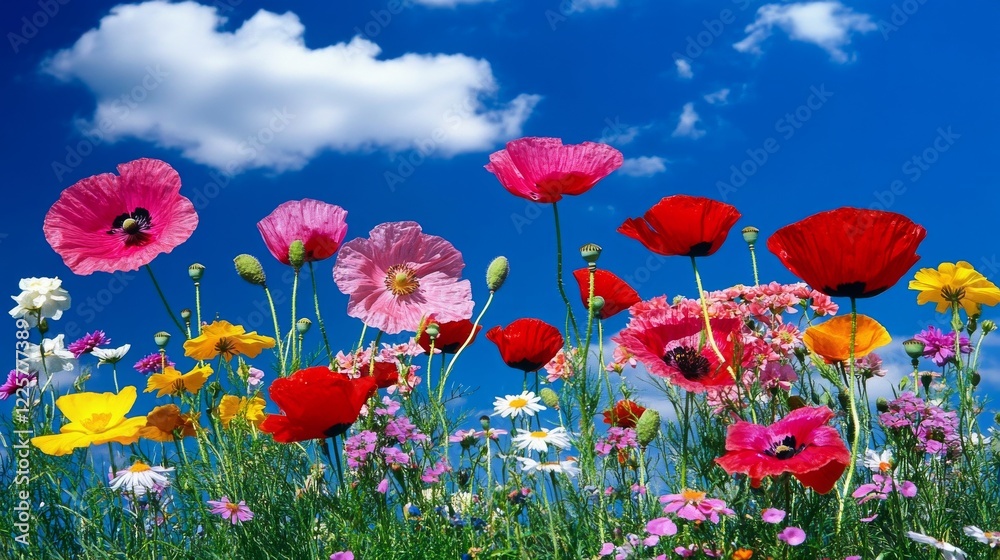 Fototapeta premium Grassland Background with Colorful Wildflowers Under a Blue Sky Some types of flowers that are clearly visible are