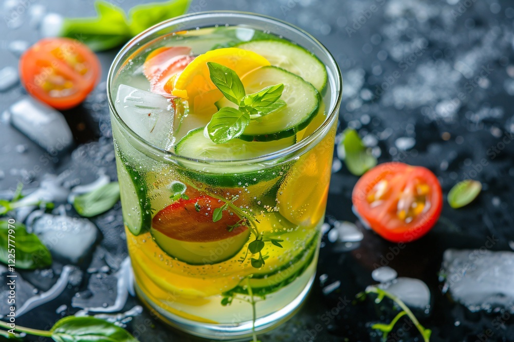 Refreshing summer cocktail with cucumber, ice cubes, tomatoes and basil in a glass on a dark background