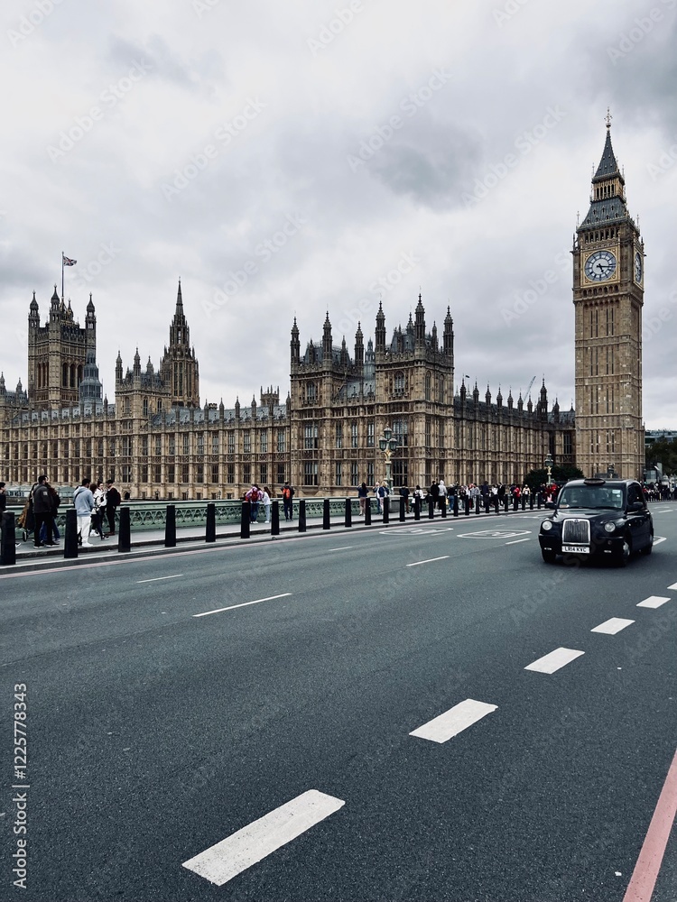 Fototapeta premium View of Westminster Bridge, Parliament, and Big Ben with a classic black London taxi in the foreground. Iconic British scene, perfect for projects on tourism, landmarks, and cityscapes.
