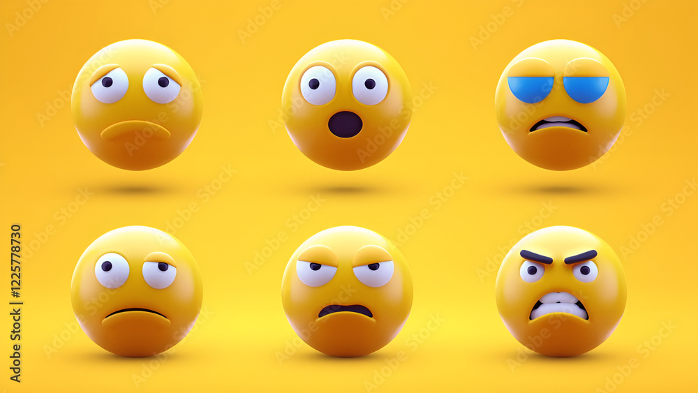 Pattern of Cute Yellow Emojis with Different Facial Expressions. Fun and Playful 3D Illustration. Pattern of Cute Yellow Emojis with Different Facial Expressions. Fun and Playful 3D Illustration.