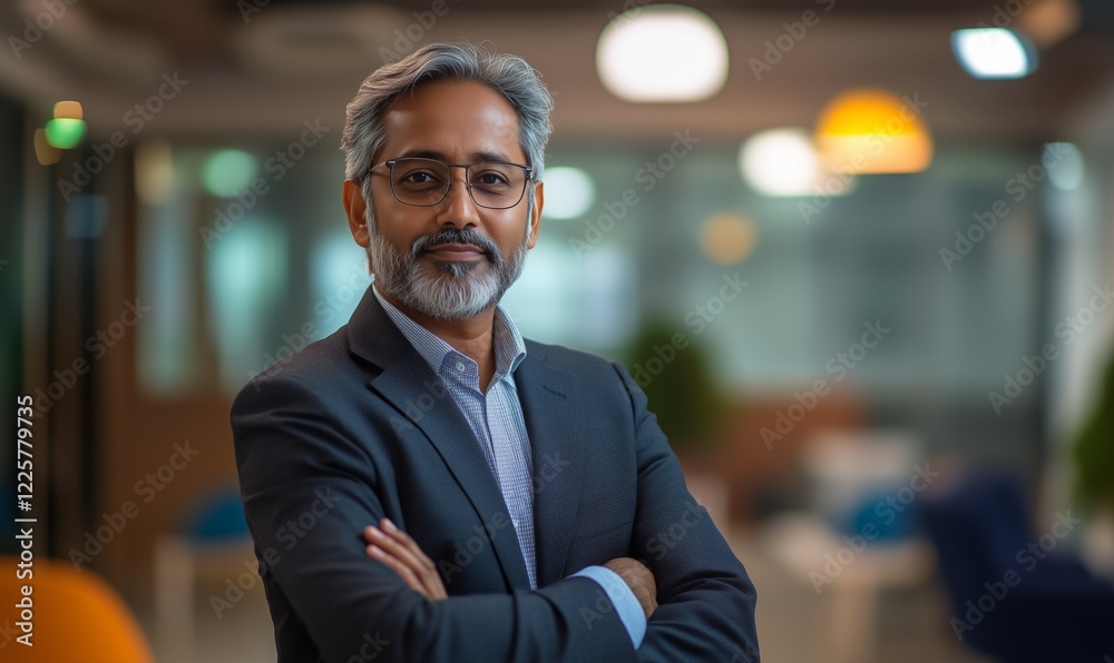 Professional portrait of a businessman standing confidently in a modern office environment