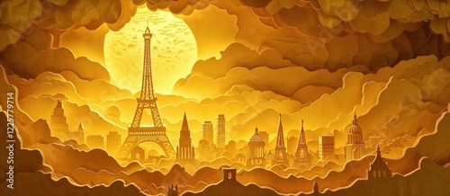 illustration of the Paris skyline, with the Eiffel Tower and iconic landmarks silhouetted against the glowing sky, evoking a dreamy and artistic atmosphere