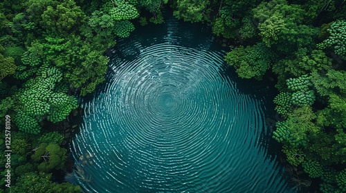 Circular forest pond with ripples, aerial view of calm water body, surrounded by dense greenery, tranquil natural environment, serene untouched landscape, peaceful eco-friendly scenery


 photo