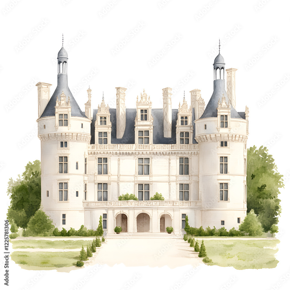 Fototapeta premium A majestic chateau, a grand architectural masterpiece, stands proudly amidst lush green landscapes. Its elegant design and symmetrical structure evoke a sense of timeless beauty and history.