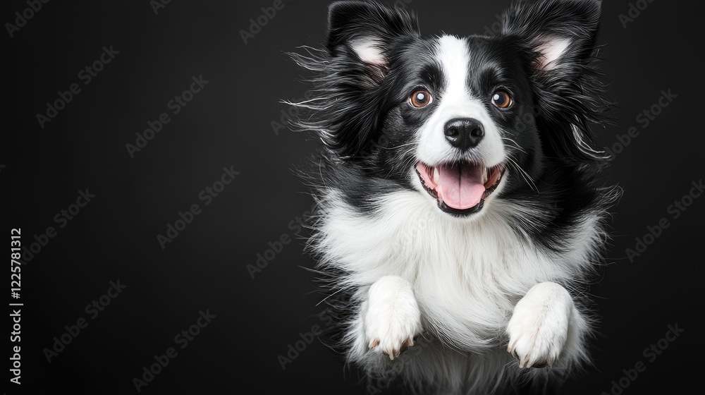 Obraz premium Happy black and white Border Collie dog jumping with paws raised against a dark studio background.