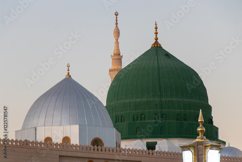 Beautiful view of The Green Dome of The Prophet Mosque, Al Masjid Al Nabawi, Al Madinah Al Munawwarah.