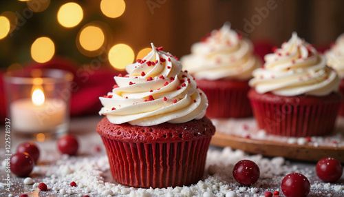 Red velvet cupcake with cream cheese frosting, festive setting with candles and decorations