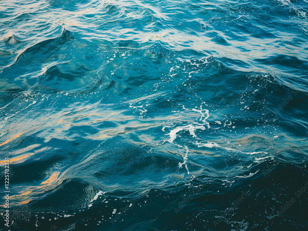 Fototapeta premium Close-up of the ocean's surface under a cloudy sky, featuring deep gray-blue waves with silvery reflections. White foam accents the dynamic water, blending shadowed depths
