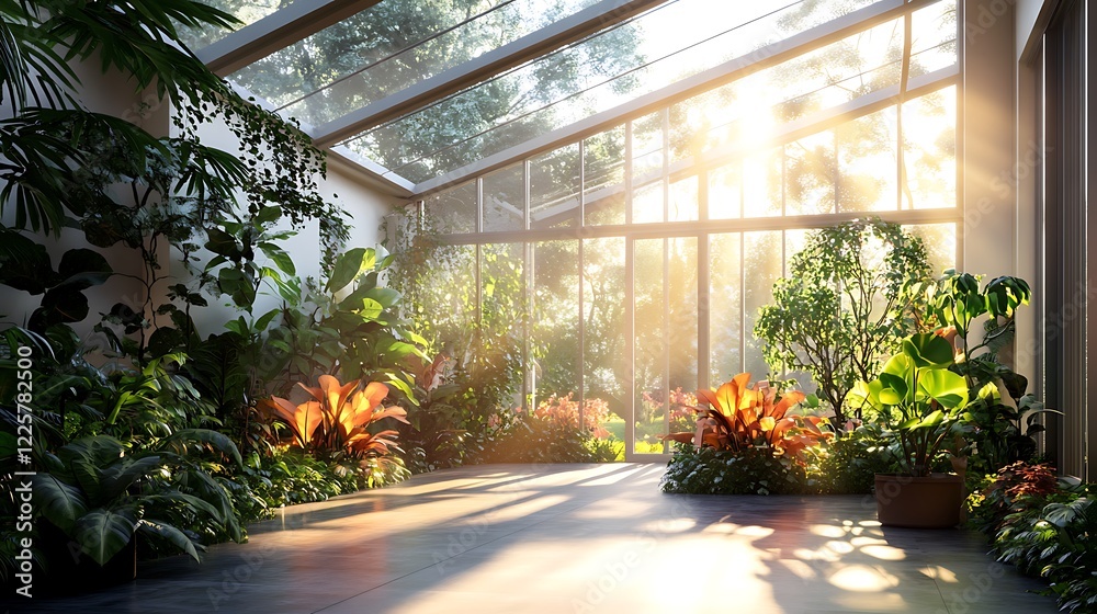 A sunroom with glowing corner planters and radiant ceiling skylights A sunroom with glowing corner planters and radiant ceiling skylights