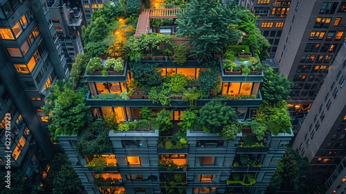 Green rooftop garden on urban building, eco-friendly architecture, lush vegetation and trees on apartment building, sustainable urban living, vertical forest design, modern cityscape innovation

 photo