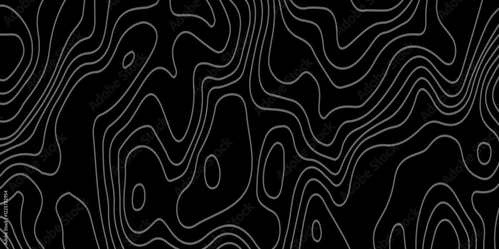 The grey white on black contours vector topography stylized height of the lines. The concept of a conditional geography scheme and the terrain path. Ultra wide. Map vector terrain Illustration. The grey white on black contours vector topography stylized height of the lines. The concept of a conditional geography scheme and the terrain path. Ultra wide. Map vector terrain Illustration.