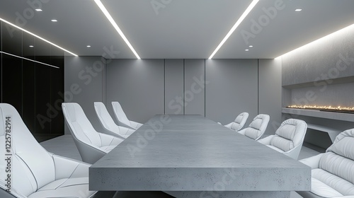 A sophisticated minimalist dining room with a long gray concrete table