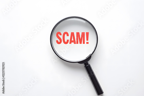 A magnifying glass reveals the word 'SCAM!', highlighting the importance of careful scrutiny and fraud awareness in various transactions and communications.