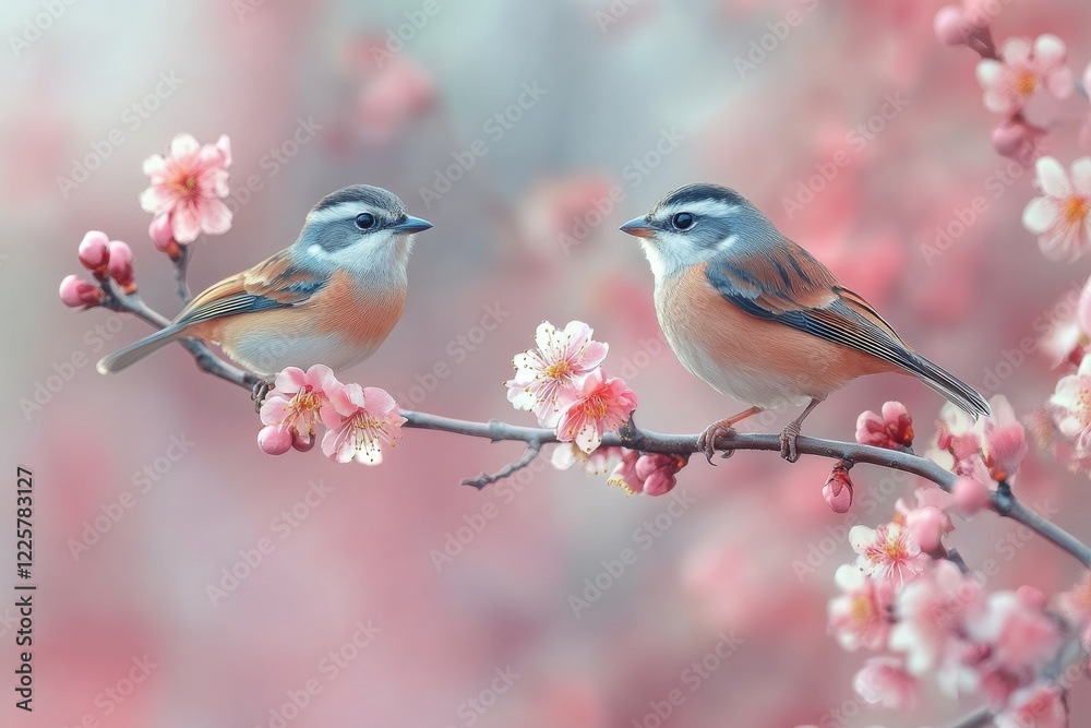 Obraz premium Birds Perched on Blossoming Tree Branch: A Serene Spring Scene Captured in Nature's Beauty